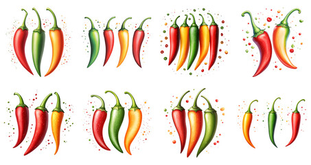 Obraz premium Collection of various a hand-drawn illustration of chili peppers in vibrant colors with artistic splashes isolated on white transparent background PNG set