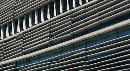 Modern Architecture Facade with Horizontal Blinds and Windows, Abstract Geometric Design, Building Exterior, Contemporary Style, Architectural Detail, Office Building, Urban Landscape