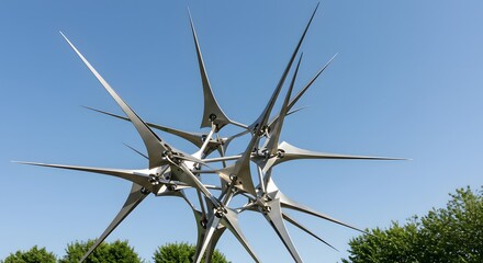 Striking Stainless Steel Sculpture Reaching for the Sky: A Modern Art Installation against a Clear Blue Backdrop, Symbolizing Innovation, Progress, and Architectural Marvel