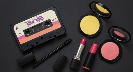Retro Beauty: New Wave Cassette Tape with Vibrant Lipstick, Powder and Mascara Set on Dark Background, A Nostalgic Nod to 80s Style and Makeup Trends for Creative Projects