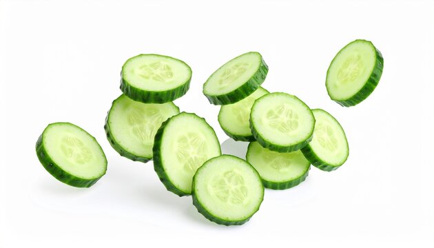 Falling cucumber slices isolated on white background