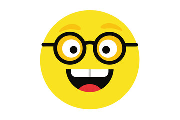 Smiling yellow emoji face with glasses and big teeth