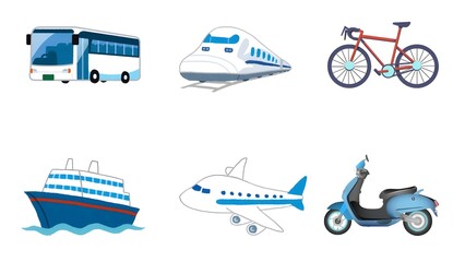 Transportation icons set: a bus, a high-speed train, a bicycle, a cruise ship, an airplane and a scooter..