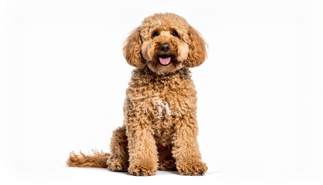 light brown curly fur dog sitting with friendly expression isolated on t white
