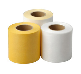 Three rolls of different colored fabric or paper