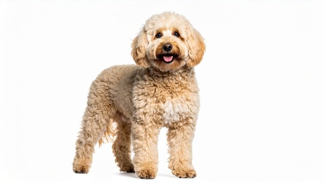  small dog with light tan curly fur standing isolated on white background 