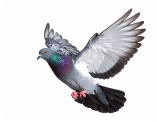 Obraz premium Flying mid air of pigeon bird isolated on white background