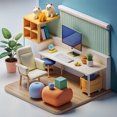 Naklejka premium Work-from-Home Scene with Pets, Clutter, and Screens – Remote Work Lifestyle Illustration