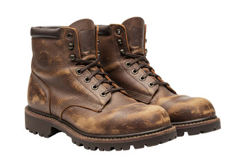 Isolated Pair of Worn Leather Work Boots with Laces