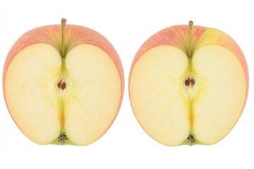 Two halves of a red-skinned apple, showing the inside.  A close-up view