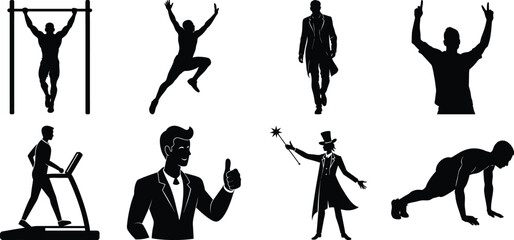 Man various activity silhouette set. Running, jumping, cycling, gym, yoga, sports, riding bundle vector isolated on transparent background