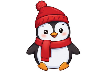 Isolated Cute Cartoon Penguin with Hat and Scarf