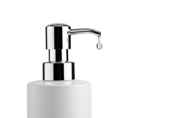 Isolated Modern White Soap Dispenser with Water Droplet