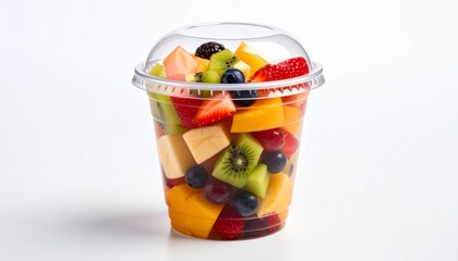 Fresh cut fruit in a plastic cup isolated on white background