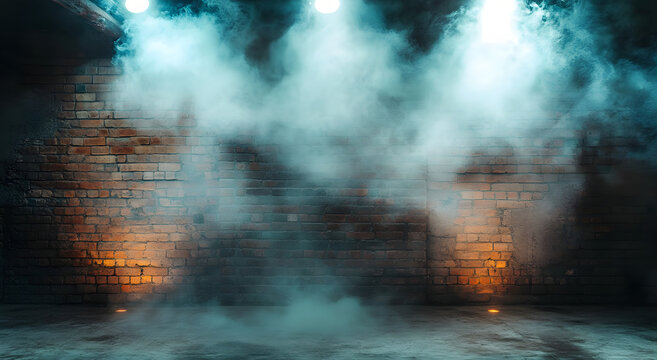 The background of an empty room with brick walls and concrete floor tiles. Neon light, spotlight, smoke