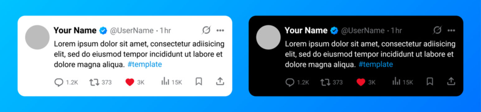 Twitter or X Post UI Template with Tweet Layout Verified Badge, Comment, Like, Retweet Icons, and Notification Interface Design for Social Media App Mockup