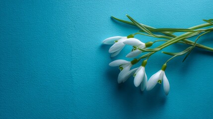 Obraz premium Snowdrop flowers arranged on blue surface, embodying spring minimalism and clean aesthetic.
