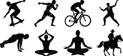 Man various activity silhouette set. Running, jumping, cycling, gym, yoga, sports, riding bundle vector isolated on transparent background