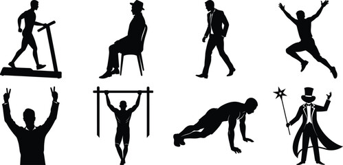 Man various activity silhouette set. Running, jumping, cycling, gym, yoga, sports, riding bundle vector isolated on transparent background