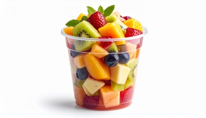 Fresh fruit pieces salad in plastic glass isolated on white background