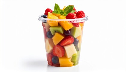 Fresh fruit pieces salad in plastic glass isolated on white background