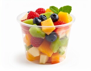 Fresh fruit pieces salad in plastic glass isolated on white background