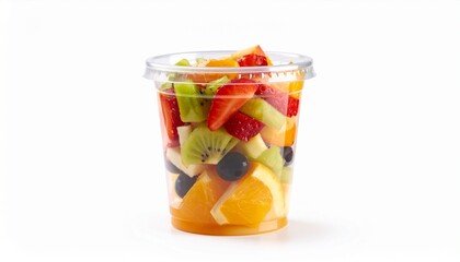 Fresh fruit pieces salad in plastic glass isolated on white background