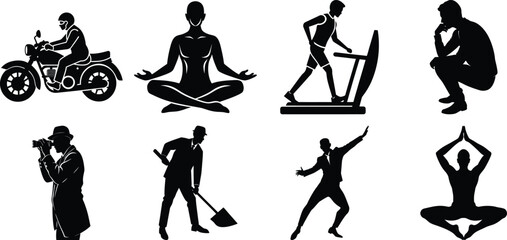 Man various activity silhouette set. Running, jumping, cycling, gym, yoga, sports, riding bundle vector isolated on transparent background