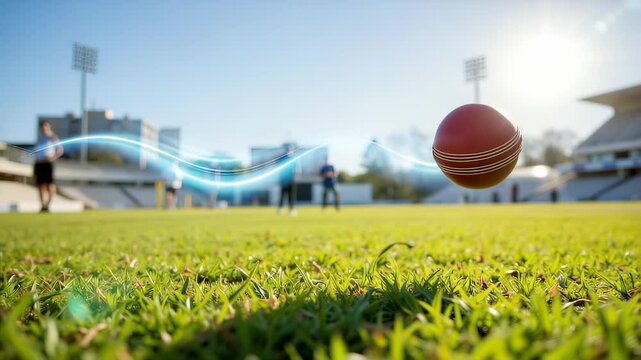 Cricket ball flying over grass field during game in daylight  