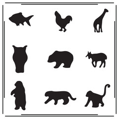 Animal Silhouette Collection – 9 Wildlife Icons Featuring Bear, Monkey, Giraffe, Fish, Chicken, Leopard, Goat, Owl, and Penguin for Nature Graphics, Zoo Art, and Wildlife Vector Designs.

