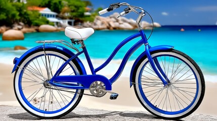 Fototapeta premium Bright blue bicycle parked on a sandy beach with turquoise water and rocky shoreline in the background
