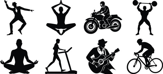 Man various activity silhouette set. Running, jumping, cycling, gym, yoga, sports, riding bundle vector isolated on transparent background