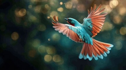 Fototapeta premium Vibrant bird in flight against bokeh background