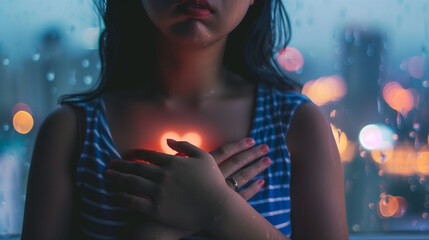 Close-up of a distressed woman clutching her chest with shallow breathing, blurred urban cityscape visible through a rain-streaked window, anxiety, and isolation in a dimly lit indoor setting.