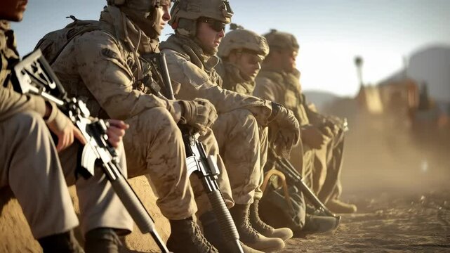 Fatigue soldiers resting with rifles after military operation in desert landscape, wearing camouflage, helmet, and sunglasses, with blurry background.
