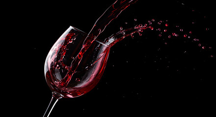Pouring rich red wine from dark bottle into crystal glass. Dynamic flow and splashes, creating an elegant atmosphere perfect for wine enthusiasts and culinary experiences. Wine tasting concept