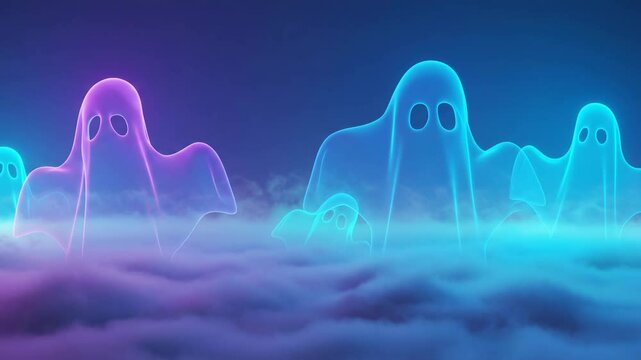 Glowing, colorful ghosts float gently above a smoky fog bank against dark blue gradient background, creating an eerie atmosphere.halloween mood