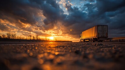 Truck on rural road under dramatic sunset, golden light painting the horizon -- a journey through nature's fleeting beauty