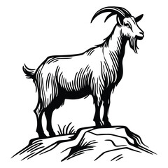 Sketch Goat Standing on Cliff – Elegant Line Art Wildlife Logo