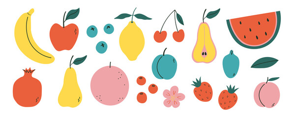 Juicy fruits and berries set on isolated background. Fruity banner with palm, watermelon, apple, strawberry, blueberry, kiwi, lemon, pomegranate, cherry, pear. Food, harvest, summer, nutrition organic