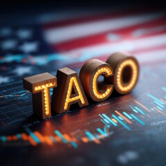 TACO Trade concept on a stock market data graph against a backdrop of the US flag colors