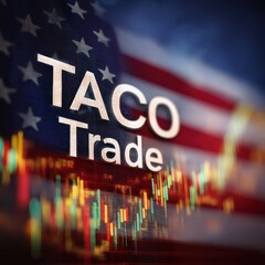 Conceptual background of TACO Trade on a stock market graph blended with US flag colors