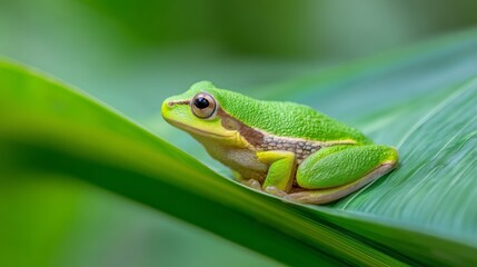 Obraz premium A vibrant tree frog rests on a tropical leaf, embodying nature's delicate beauty.