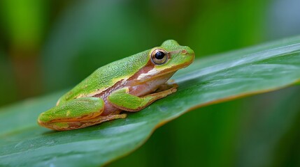 Fototapeta premium A vibrant tree frog rests on a tropical leaf, embodying nature's delicate beauty.