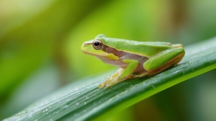 Obraz premium A vibrant tree frog rests on a tropical leaf, embodying nature's delicate beauty.