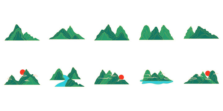 Set of chinese mountain landscape illustration. Mountain landscape with chinese oriental style. Vector isolated.