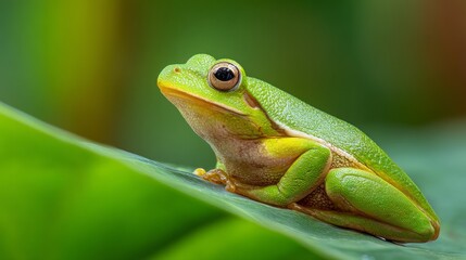 Obraz premium A vibrant tree frog rests on a tropical leaf, embodying nature's delicate beauty.