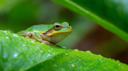 A vibrant tree frog rests on a tropical leaf, embodying nature's delicate beauty.