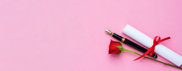Diploma scroll with red ribbon, red rose, and fountain pen on pink background banner, symbolizing academic recognition, graduation, formal education, success, and ceremonial achievement, copy space