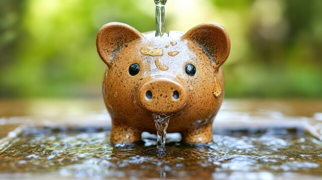 Water flowing out of a piggy bank